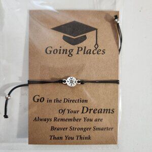 Graduation Compass Bracelet With Adjustable Black Cord & Inspirational Quote Car